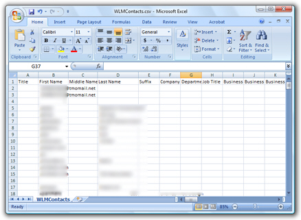 View exported Hotmail contacts in Excel