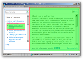 Hotmail help content pane and sub-topics