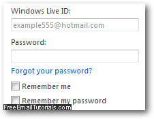 Blank, default Windows Live Hotmail sign in form