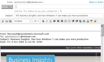 Hotmail email forward in message editor