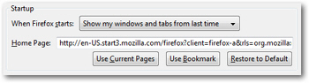 Mozilla Firefox homepage settings on Windows 7