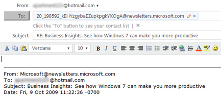An email reply in Hotmail