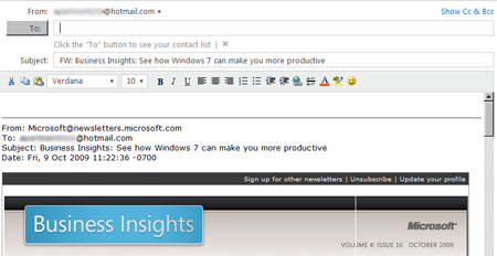 Email forward in Hotmail compose window