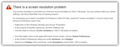 Screen resolution error message in Yahoo Mail for Windows Mac or Linux