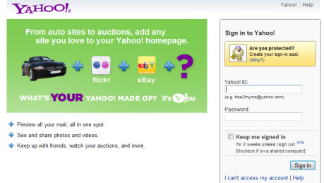 Yahoo and Yahoo Mail sign in screen