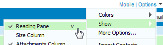 Show / hide the Reading Pane from the Options menu