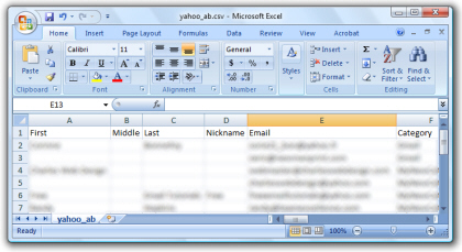 Open in Excel your Yahoo Mail address book contacts
