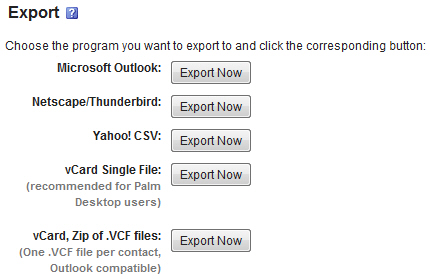 Yahoo Mail "Export" screen for contacts