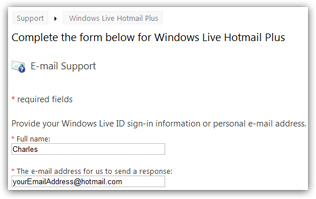Hotmail customer service / tech support contact form