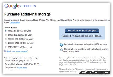 Buy and get additional disk space storage from Google