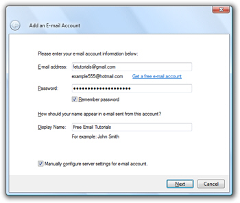 Gmail connection settings in Windows Live Mail