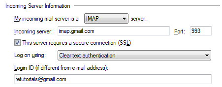 Incoming server settings for Gmail in Windows Live Mail