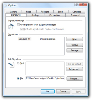 Email signature dialog in Windows Live Mail