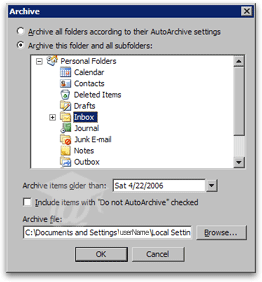 Archive dialog in Outlook 2003