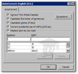 AutoCorrect options dialog in Outlook 2003