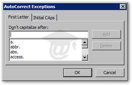 AutoCorrect options and capitalization exceptions in Outlook 2003