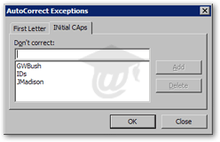 AutoCorrect options exceptions (initial caps) in Outlook 2003