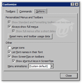 Outlook 2003's Options tab in the Customize Dialog