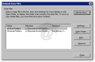 The Outlook Data Files dialog in Outlook 2003