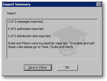 Summary of emails+contacts import into Outlook 2003