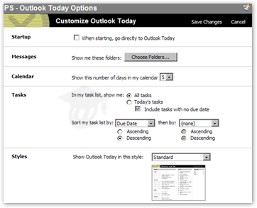 Outlook Today customization page in Outlook 2003