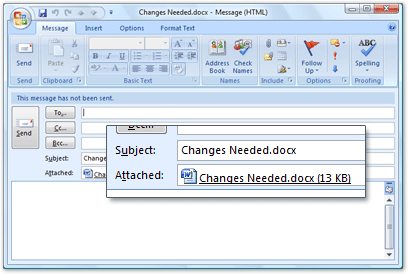 An attached Word 2007 document about to be emailed by Outlook 2007