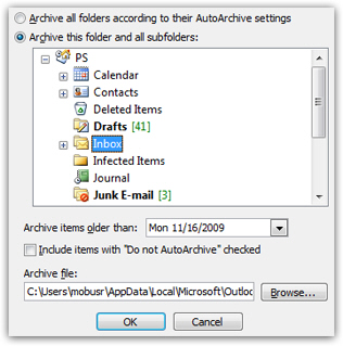 Archive dialog in Outlook 2007