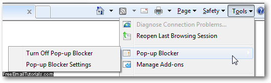 Configure popup blocker options from the Tools menu