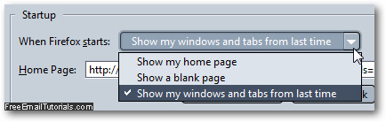Configure your Mozilla Firefox startup options and reopen last visited tabs