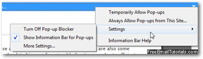 Internet Explorer options menu for popup toolbar settings
