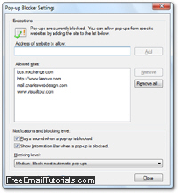 Internet Explorer popup blocker settings dialog