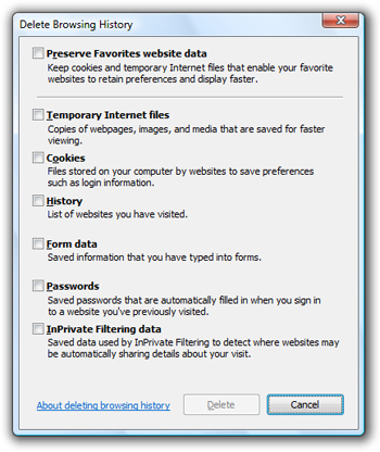 Internet Explorer Delete Browsing History dialog