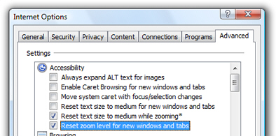 Zoom options and text size settings in Internet Explorer