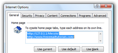Internet Explorer options for homepages