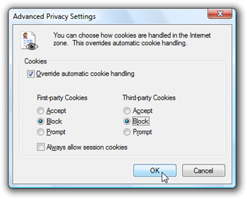 Block all cookies in Internet Explorer