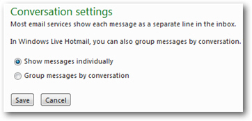 Windows Live Hotmail conversation settings and options