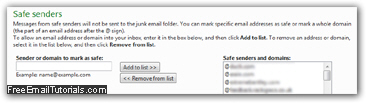 Windows Live Hotmail safe senders list and options