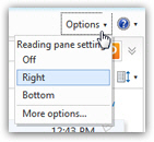 Hotmail Reading Pane settings under the Options menu