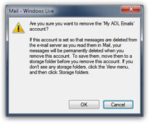 Final confirmation to delete an email account from Windows Live Mail