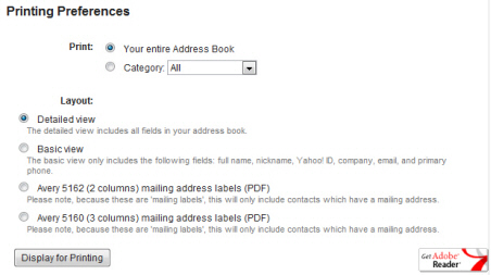 Contact Printing Preferences in Yahoo Mail